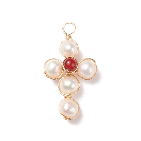 Natural Carnelian & White Freshwater Pearl Pendants PALLOY-JF01660-03-1