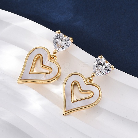 Heart Brass Micro Pave Clear Cubic Zirconia Dangle Stud Earrings KK-D363-12D-G-1