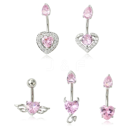 5Pcs 5 Styles Heart Teardrop 304 Stainless Steel Pearl Pink Cubic Zirconia Curved Barbell Belly Rings AJEW-CJ0001-58-1