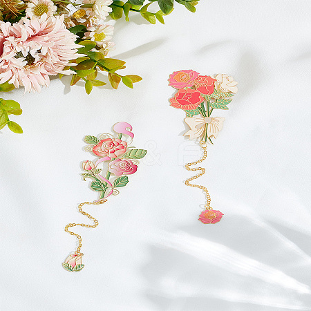 2Pcs 2 Styles Brass & Iron Enamel Flower Bookmarks with Chain AJEW-LP0005-86B-1