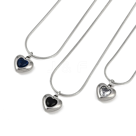 304 Stainless Steel Cubic Zirconia Heart Pendant Round Snake Chain Necklaces for Women NJEW-Z044-08P-1