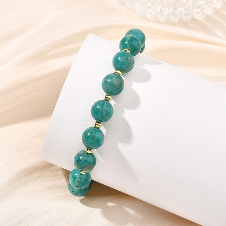 Round Natural Amazonite & Brass Spacer Beads Beaded Stretch Bracelets for Women BJEW-JB14078-1