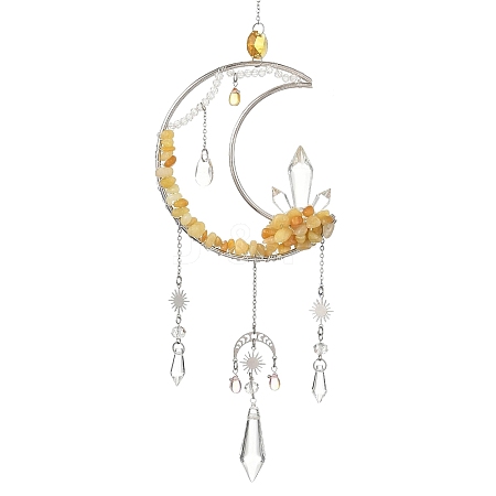 Moon Natural Topaz Jade & 304 Stainless Steel & Brass Suncatchers HJEW-TA00488-03-1