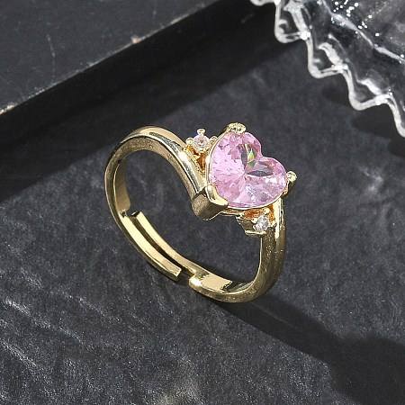 Adjustable Brass Finger Rings with Pink Heart Cubic Zirconia for Valentine's Day CU-CBA7E55-11G-1