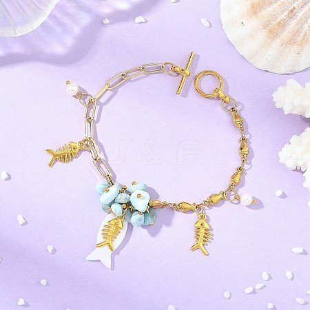 Ocean Alloy Fish Multi-Charm Bracelets with Natural Larimar Chip Beads BJEW-JB14272-1