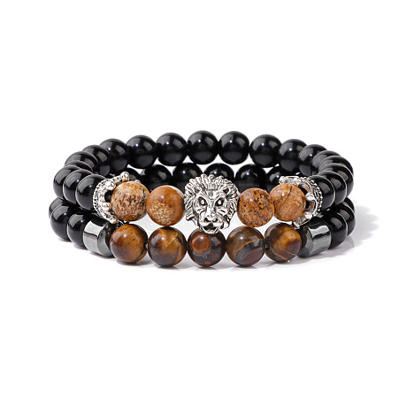 Natural Picture Jasper & Tiger Eye & Obsidian & Synthetic Hematite Stretch Bead Stretch Bracelets IO9425-1-1