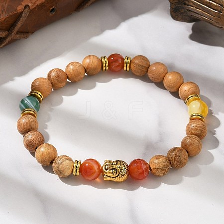 Natural Striped Agate & Wood Round Beads Stretch Bracelets for Men Women BJEW-JB12356-04-1