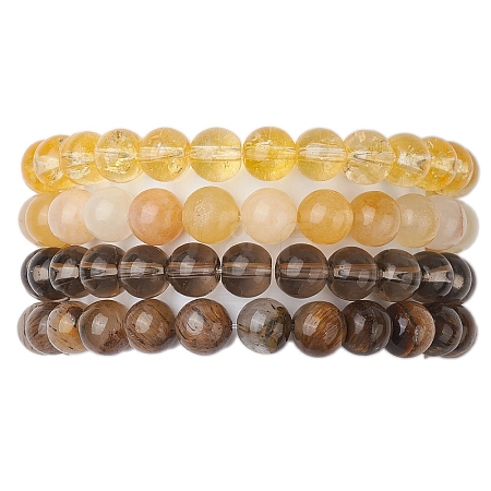 4Pcs Constellation 8mm Round Natural Yellow Tiger Eye & Jade & Synthetic Citrine & Smoky Quartz Beaded Stretch Bracelets for Women BJEW-JB10635-1