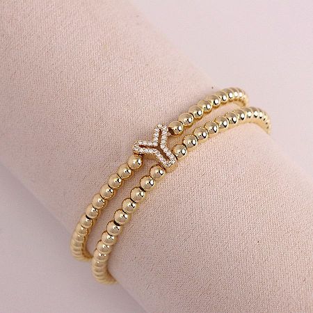 Brass Micro Pave Clear Cubic Zirconia Beads Double Strands Stretch Bracelets for Women FS-WGC7159-25-1