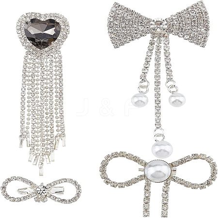 FINGERINSPIRE 4Pcs 4 Style Rhinestone Bowknot & Heart Lapel Pins with Imitation Pearl JEWB-FG0001-04-1