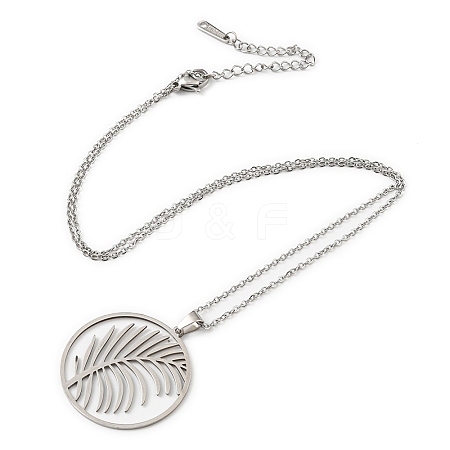 Non-Tarnish 201 Stainless Steel Feather Pendant Necklace with Cable Chains NJEW-Q317-22P-1