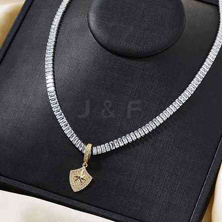 Fashionable Rock Hip-hop Style Brass Pave Clear Cubic Zirconia Shield with Star Pendant Tennis Necklaces for Men VV4192-1-1