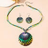 Boho Printed Natural Shell Graffiti Flat Round Pendant Earrings & Necklaces Set FS-WG2A623-02-1