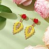 Rose with Leaf Seed Beads Stud Earrings EJEW-MZ00222-01-2