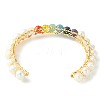 Natural Pearl Bead & Mixed Gemstone Beads Cuff Bangles for Women Girl Gift BJEW-JB06826-03-1