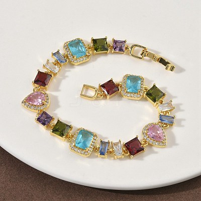 Brass Micro Pave Colorful Cubic Zirconia Rectangle & Square & Teardrop Link Chain Bracelets for Women BJEW-G764-07G-1