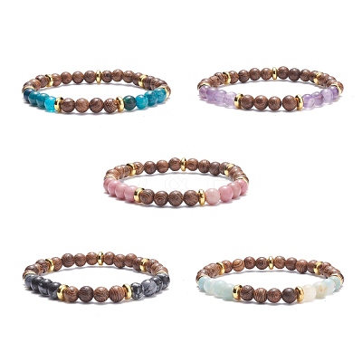Natural Wenge Wood & Gemstone Round Beaded Stretch Bracelet for Women BJEW-JB07544-1