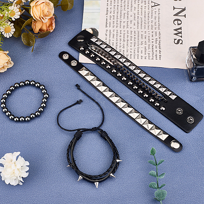 4Pcs 4 Styles Punk Style Hematite Round Beaded Stretch Bracelets & Rivets Bracelets  with Alloy Braided Bead Bracelets & Imitation Leather Bangles for Men Women BJEW-WH20002-09B-1