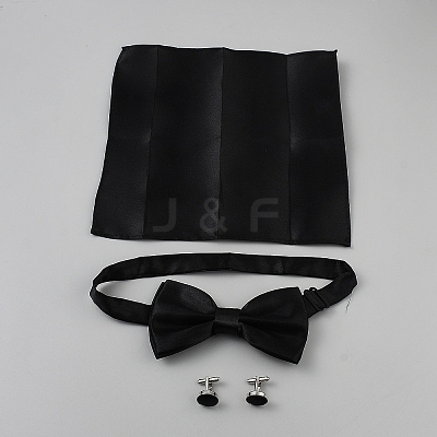 Polyester Pocket Towel Accessories & Bowknot Ties & Iron Cuffinks Sets AJEW-WH20007-78A-1