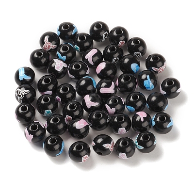 Printed Wood European Beads WOOD-K008-04-1