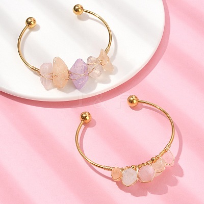 Natural Quartz Crystal Chips Beaded Cuff Bangle BJEW-TA00369-1
