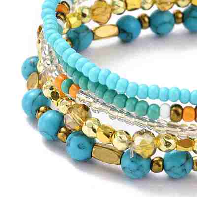 5Pcs 5 Style Synthetic Turquoise(Dyed) & Hematite & Glass Sead Beads Stretch Bracelets Set BJEW-JB07670-03-1