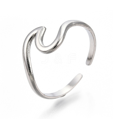 Non-Tarnish 304 Stainless Steel Sea Wave Cuff Rings RJEW-N038-115P-1
