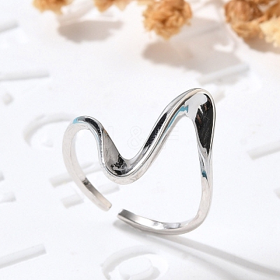 Rhodium Plated 925 Sterling Silver Wave Cuff Rings RJEW-D300-02P-1