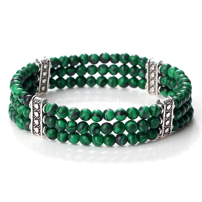 Round Synthetic Malachite & Alloy Multi-Strand Beaded Stretch Bracelets for Women Men GQ0306-8-1
