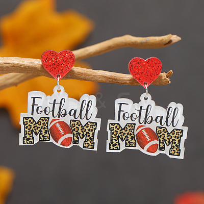 1Pair Leopard Print Heart Mother Sports Acrylic Dangle Stud Earrings EJEW-FS0001-22A-1