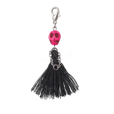 Dyed Synthetic Turquoise Halloween Skull & Polycotton Tassel Pendant Decorations HJEW-JM03899-1