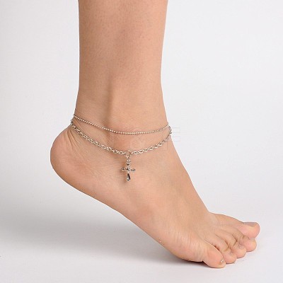 Cross CCB Plastic Charm Multi-strand Anklets AJEW-AN00092-03-1