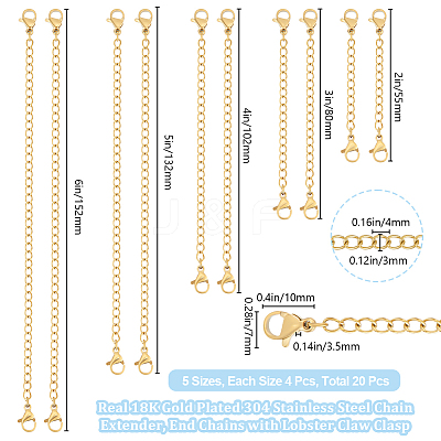 20Pcs 5 Style Ion Plating(IP) 304 Stainless Steel Chain Extender STAS-BBC0003-70G-1