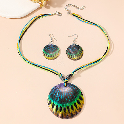 Boho Printed Natural Shell Graffiti Flat Round Pendant Earrings & Necklaces Set FS-WG2A623-02-1
