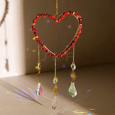 Heart Natural Red Jasper Chips Hanging Ornaments HJEW-G024-01F-1