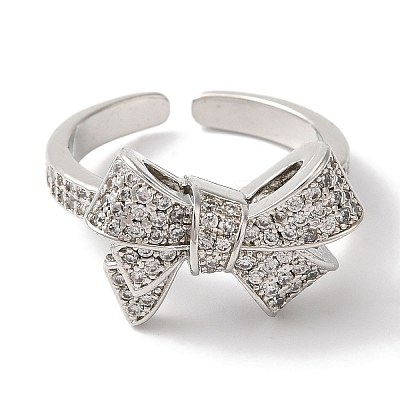 Bowknot Brass Micro Pave Clear Cubic Zirconia Open Cuff Rings for Women RJEW-C098-13P-1