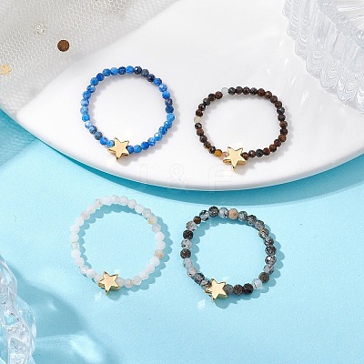 Round Natural Tiger Eye & Black Rutilated Quartz & Lapis Lazuli & Pink Opal Beads Stretch Rings RJEW-JR00790-1