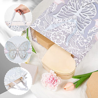 1Pc Butterfly Printed Paper Gift Bags with Ribbon Handles ABAG-SP0001-10B-1