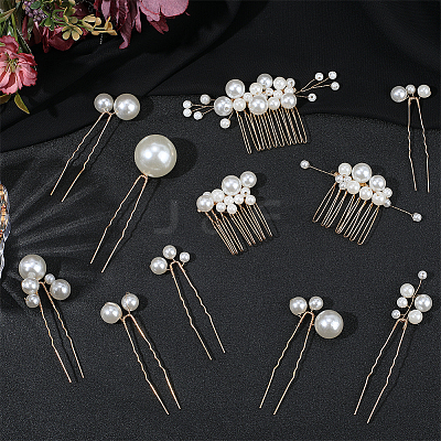 Copper Wire and ABS Imitation Pearl Hair Combs Sets for Women Girls OHAR-CY0001-20-1