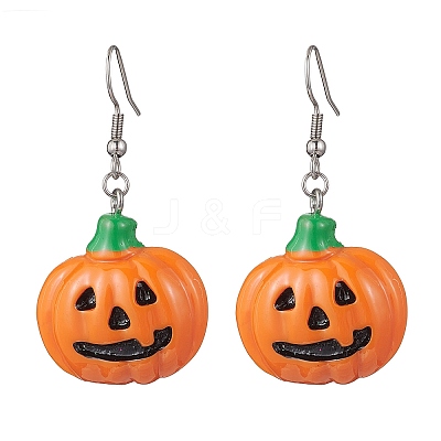 304 Stainless Steel Opaque Resin Pumpkin Dangle Earrings EJEW-JE06478-1