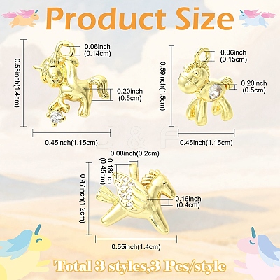 9Pcs 3 Styles Brass Micro Pave Clear Cubic Zirconia Charms KK-YW0004-65-1