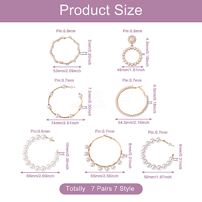 7 Pairs 7 Style Resin Pearl Beaded C-shape & Ring Dangle Stud Earrings FIND-KS0001-16-1