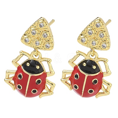 Ladybug Brass Micro Pave Cubic Zirconia Dangle Stud Earrings for Women EJEW-A167-17G-1