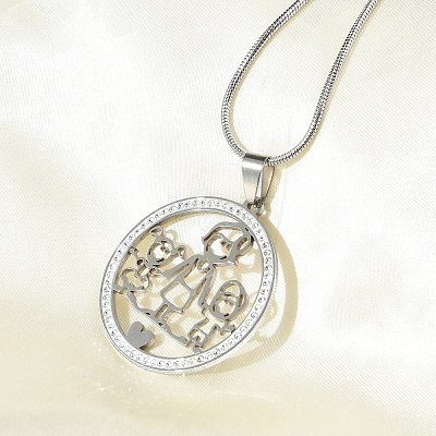 201 Stainless Steel Crystal Rhinestone Ring with Family Pendant Necklaces for Mother's Day Gift NJEW-P327-04P-A-1