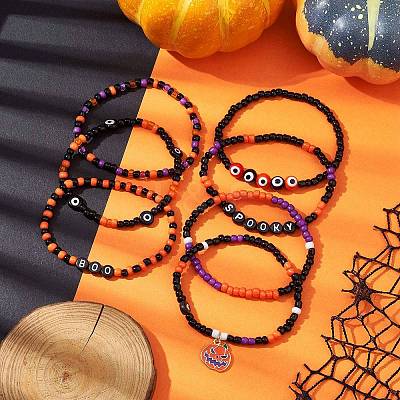 7Pcs 7 Styles Evil Eye & Word Glass & Lampwork Beaded Stretch Bracelet Sets BJEW-JB10447-1