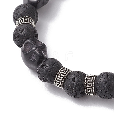 2Pcs 2 Styles Halloween Natural Lava Rock Round & Dyed Synthetic Turquoise Skull Beaded Stretch Bracelet Sets for Women Men BJEW-JB12251-1