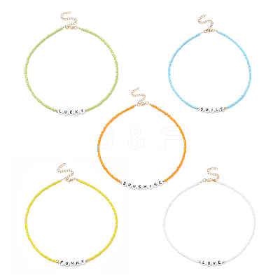 5Pcs 5 Style Glass & Plastic Word Beaded Necklaces Set NJEW-JN04316-1