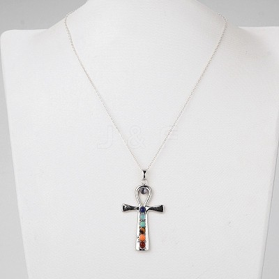Platinum Plated Vintage Chakra Jewelry Brass Gemstone Cross Pendant Necklaces NJEW-JN01155-02-1