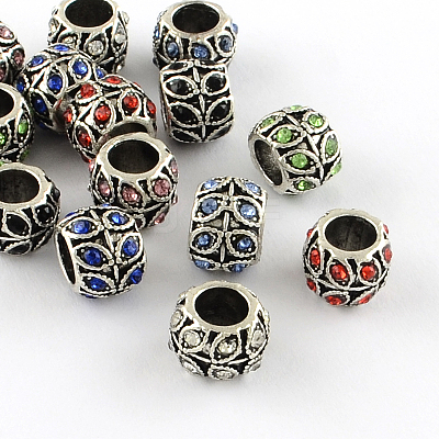 Antique Silver Plated Alloy Rhinestone Large Hole European Beads X-MPDL-R041-02-1