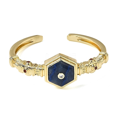 Hexagon Brass Pave Natural Gemstone & Cubic Zirconia Cuff Bangles for Women BJEW-Z172-01G-1